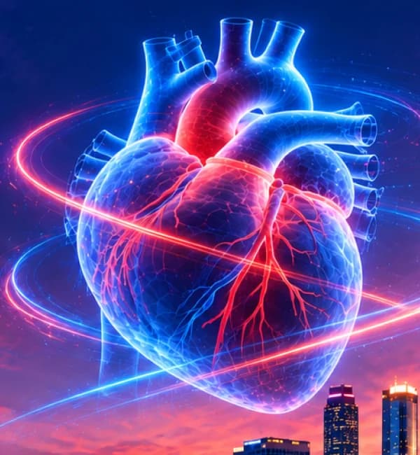 Illuminated anatomical heart representing cardiovascular innovation